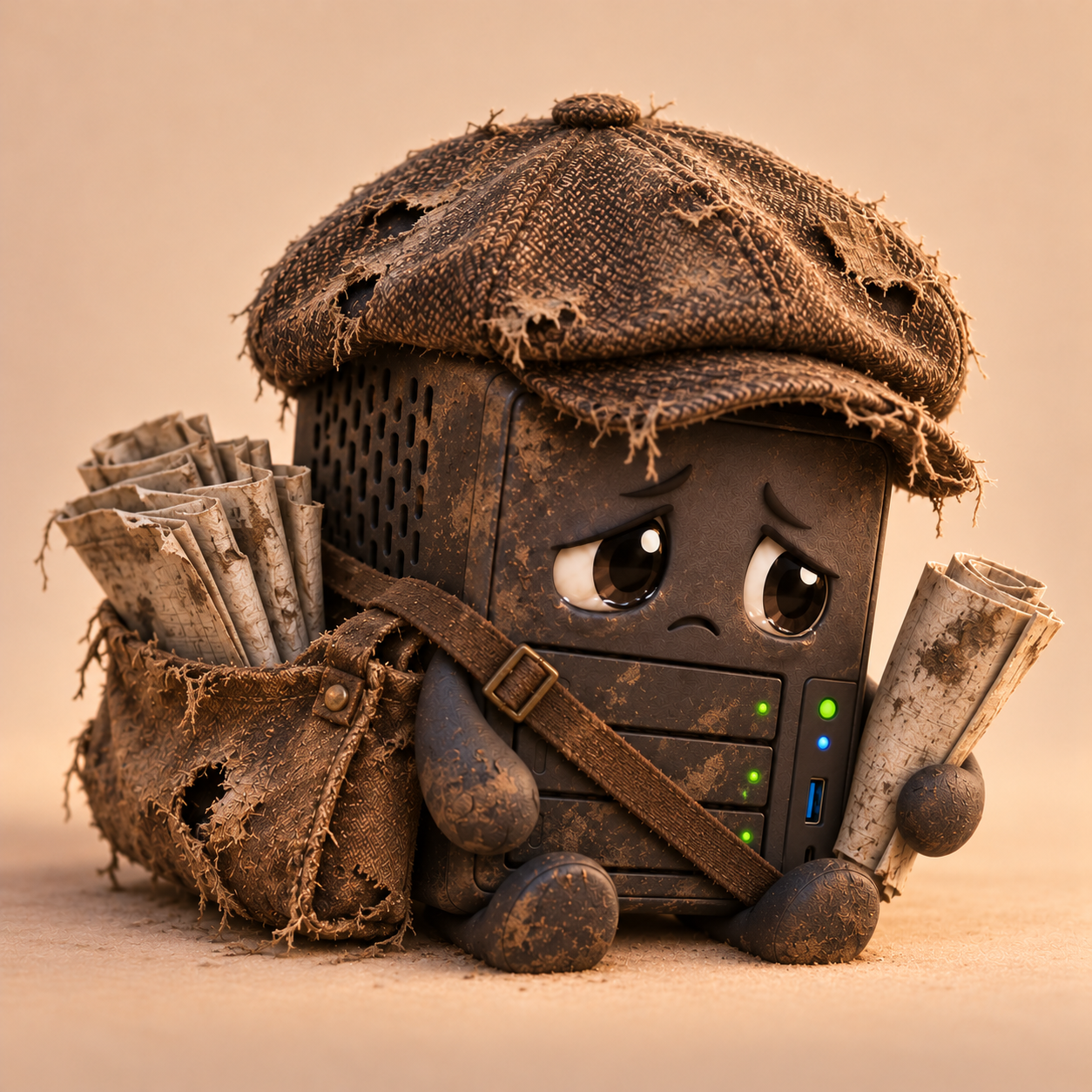 A very sad battered little media server dressed as a 1920s paperboy