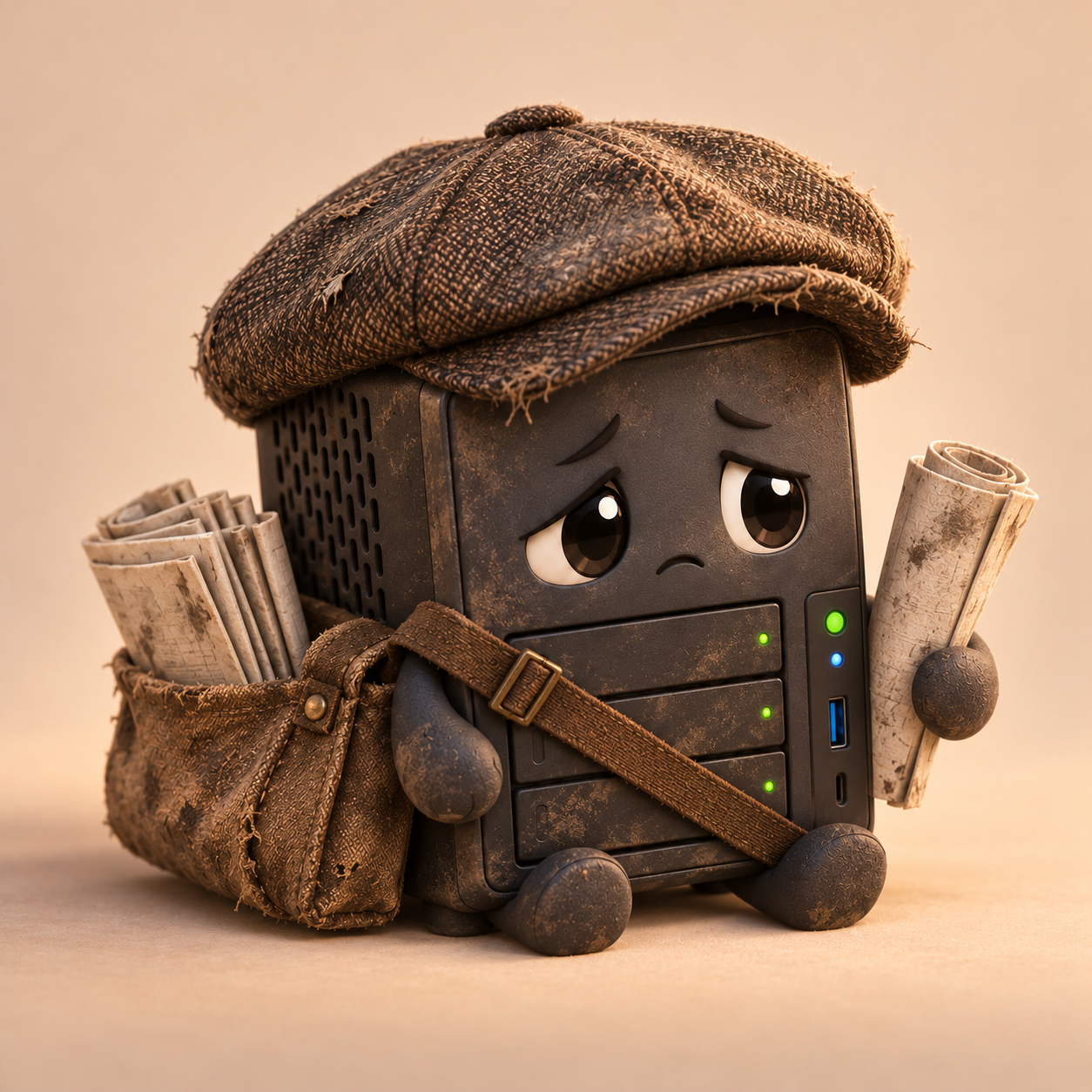 A worn and struggling little media server dressed as a 1920s paperboy