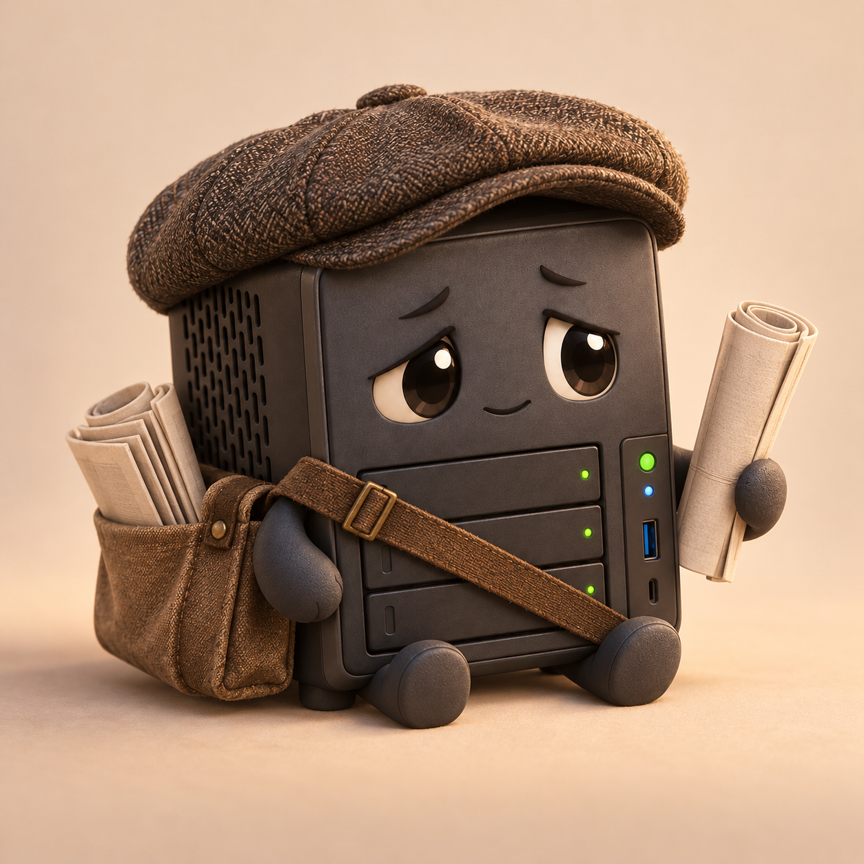 A tired little media server dressed as a 1920s paperboy
